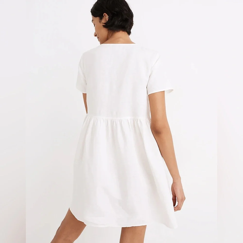 Madewell White Navy Embroidered Linen-Blend Alexandra Button-Front Mini Dress - Picture 3 of 8